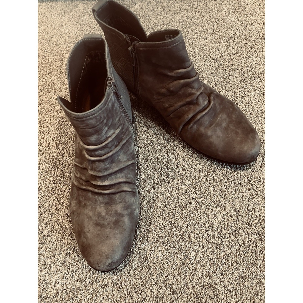 Rockport Cobb Hill‎ Grey Leather Ruched Laser Cut Ankle Boots Womens 9.5 M Moto